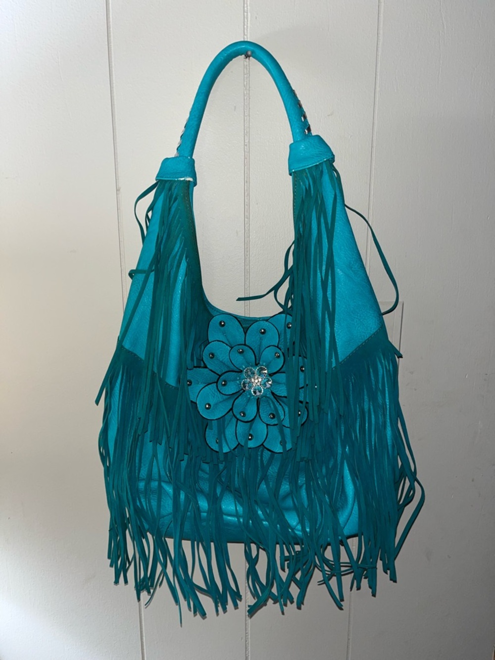 Teal Fringe Floral Accent Hobo Bag